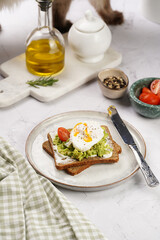 Ragdoll cat smelling on trendy lifestyle sandwich: protein bread slice with cream cheese, mashed avocado, cherry tomatoes and poached egg on white scandi plate, light setting