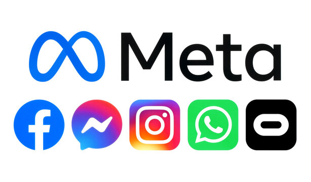 Meta logo and icons of its products: Facebook, Messenger, Instagram, WhatsApp and Oculos, printed on white paper. Social media giant Facebook is rebranding as Meta