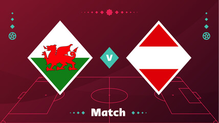 wales vs austria match. Playoff Football 2022 championship match versus teams on football field. Intro sport background, championship competition final poster qatar 2022 world cup - obrazy, fototapety, plakaty