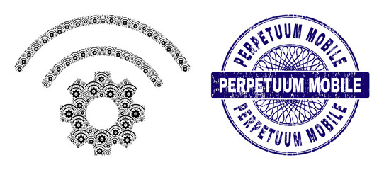 Obraz premium Recursive mosaic radio industry and Perpetuum Mobile round rubber stamp print. Blue stamp includes Perpetuum Mobile title inside circle and guilloche technique.