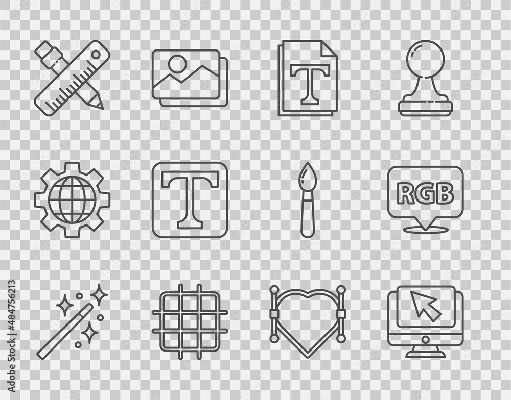 Poster set line magic wand, computer monitor cursor, text file document, grid graph paper, crossed ruler pe