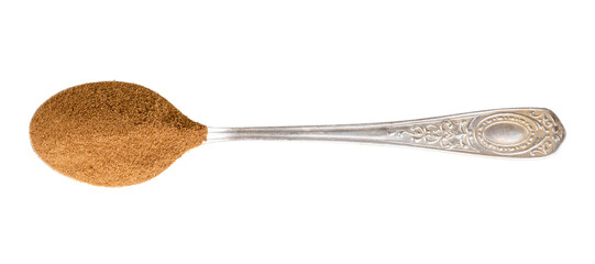top view of ground roasted chicory root in spoon - obrazy, fototapety, plakaty