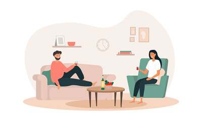 Communication at home. Man and girl sitting in apartment in comfort. Evening romantic dinner, family communication. Couple with wine and tasty food in house. Cartoon flat vector illustration
