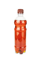 Plastic bottle of dark cherry colored liquid, lidded, isolated on white background