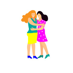 Female friendship.Two happy redhead and brunette girls in colorful clothes hugging. Meeting of two young women girlfriends. Vector illustration on an isolated white background