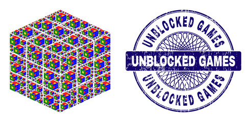 Recursive mosaic puzzle cube and Unblocked Games round unclean seal. Blue seal includes Unblocked Games caption inside circle and guilloche structure.