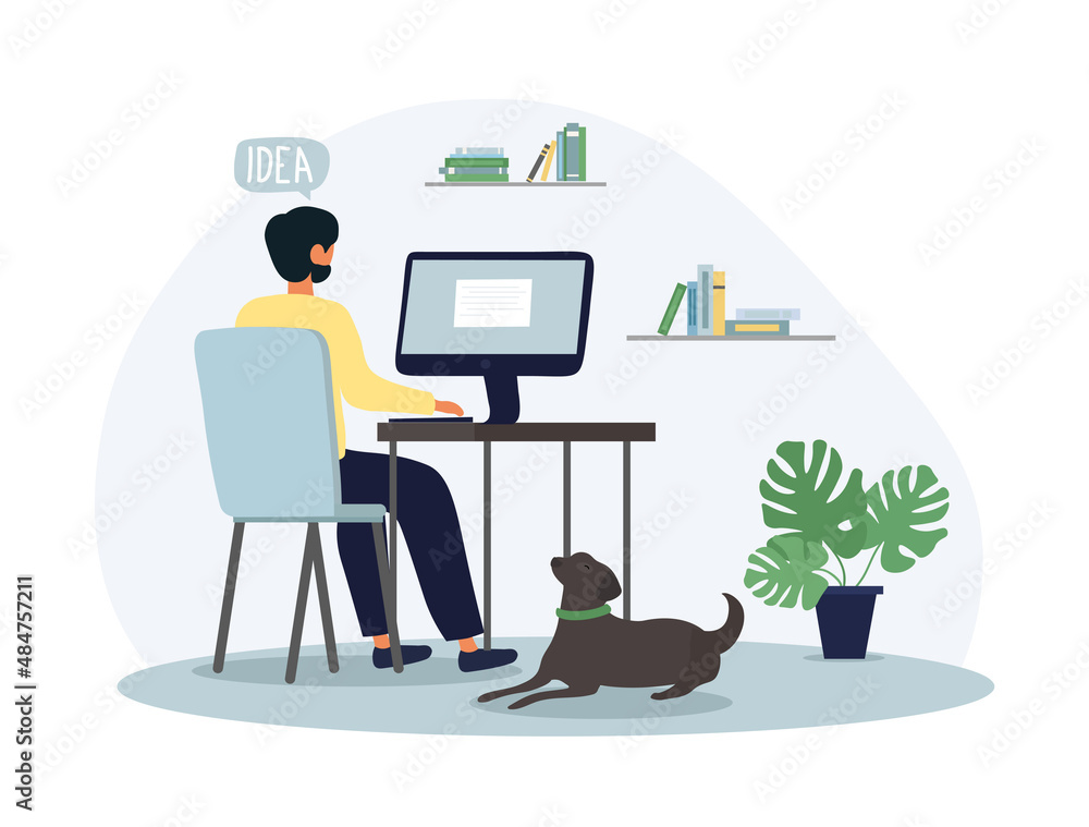 Poster man working at home. guy sitting at computer, dog lying next to him. work from home, internet and mo