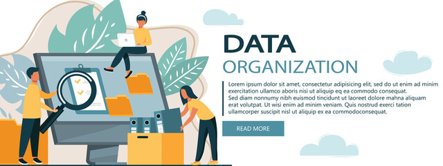Office workers organizing data storage and file archive on server or computer. PC users searching documents on database. Vector illustration for information technology, source concept	
