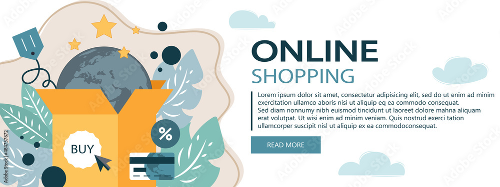 Wall mural on line shopping and payment methods. mobile payments. pay per click and online order. flat vector i