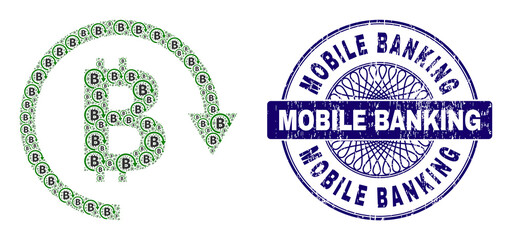 Recursion collage bitcoin repay and Mobile Banking round corroded seal. Violet seal includes Mobile Banking title inside circle and guilloche structure.