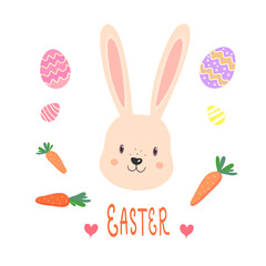 Easter rabbit. easter Bunny with carrot and eggs, isolated on white background.Vector.