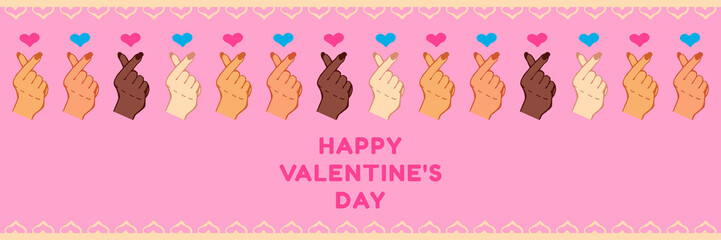 Fototapeta premium Happy Valentine's day festive banner. Modern design Valentine's Day. People of different nationalities make a heart sign with hand. Template vector illustration. Valentine's day greeting card