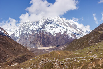 View of the valley and mountain peaks in the Manaslu region in the Himalayas