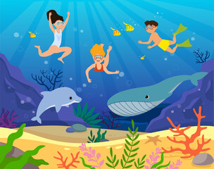 Underwater life concept. Children explore world, fantasy and imagination. Fabulous drawings. Design of greeting and invitation cards. Underwater world, nature. Cartoon flat vector illustration
