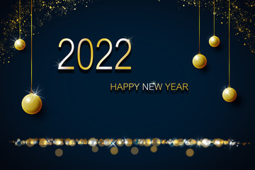 Naklejka na ściany i meble Luxury 2022 Happy New Year greeting card - golden shine 2022 lettering on dark blue background