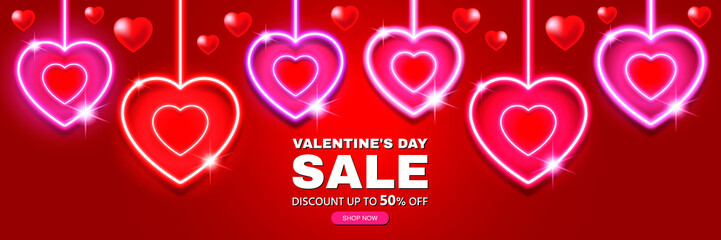 Valentine's day sale discount banner. Modern design with neon hearts, glitter, stars and decorations. Abstract background with neon hearts. Template vector illustration. Valentine's day greeting card