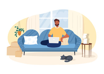 Working on computer. Yooung guy sitting on couch with laptop. Comfortable workplace. Freelancer and remote employee with pet. Collaboration on project, deadline. Cartoon flat vector illustration