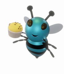 Blue Bee and muffin and White Background