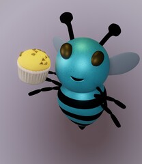 Blue Bee and muffin and Blueish Purple Background