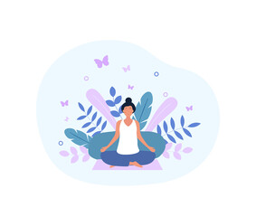 Meditation practice concept. Girl sitting in lotus position. Character in nature. Inner balance and search for purpose. Asana, imagination, calm and fantasy. Cartoon flat vector illustration