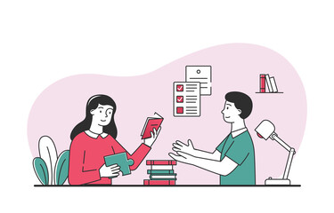 Student talk at home. Girl offers book to guy. Teenager in library, learning. Boy receives textbooks. Literature and self development, communication of friends. Cartoon flat vector illustration