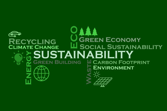 Sustainability overview with key related terms and illustrative icons.