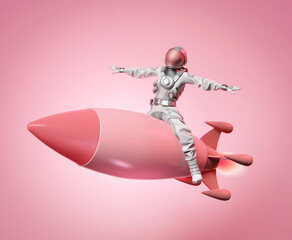 Astronaut sitting on a flying missile, 3D illustration. - 484760686