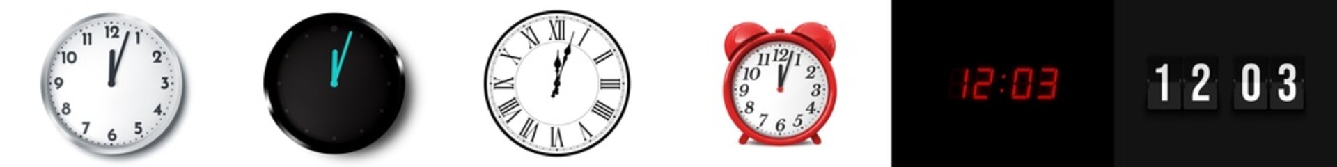 12:03 (AM and PM) or 00:03 time clock icons