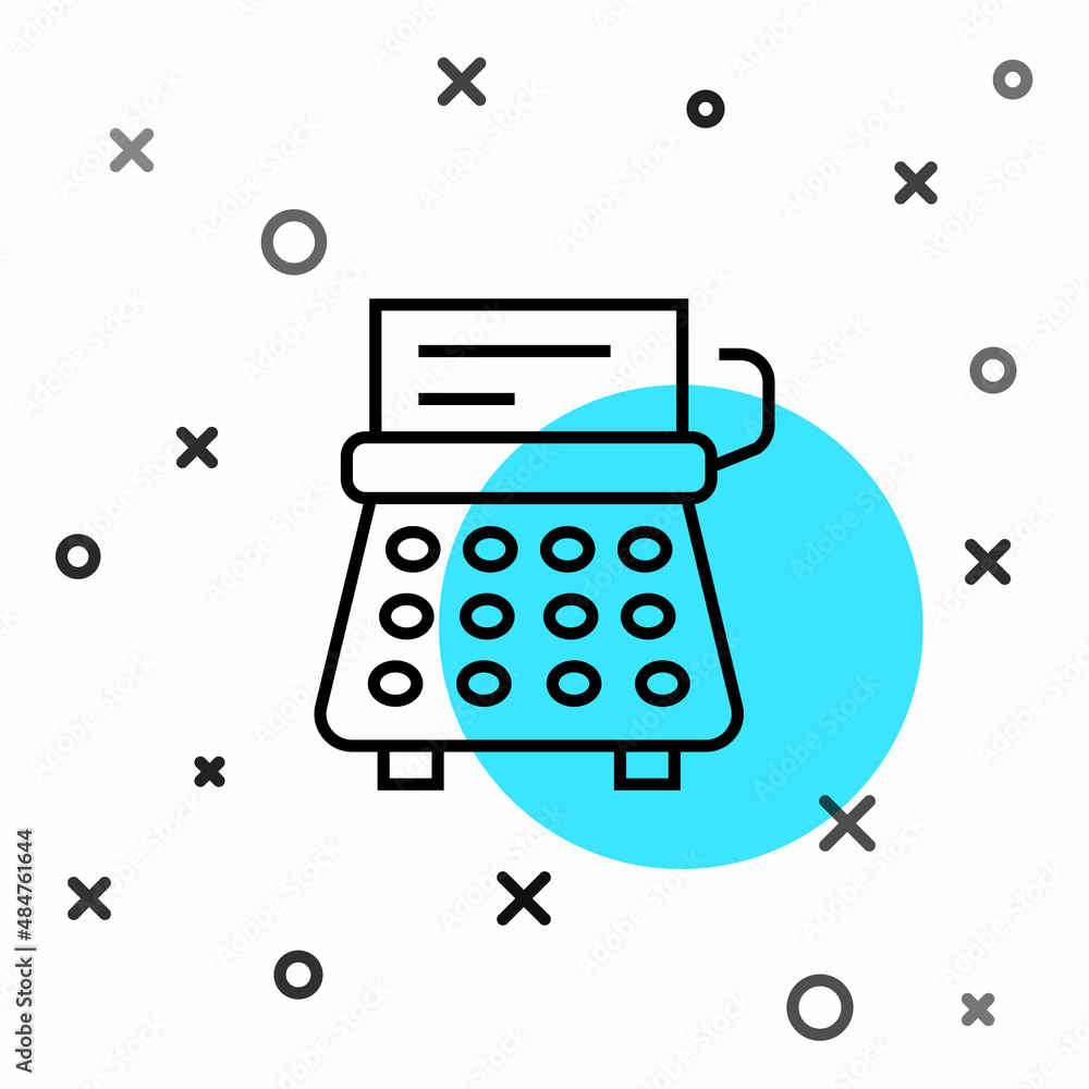 Poster black line retro typewriter and paper sheet icon isolated on white background. random dynamic shapes