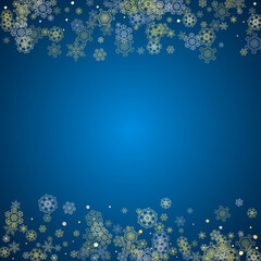 New Year frame with gold snowflakes on blue background. Winter window. Christmas and New Year frame for gift certificate, ads, banner, flyer, sales offers, event invitations. Glitter snow with sparkle