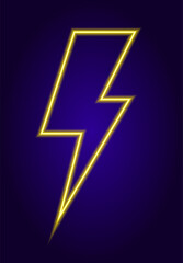 neon yellow lightning. insulated lightning bolts glowing in the dark with bright yellow outline on dark blue for isolated icon design template