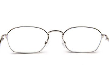 Spectacles in a thin stylish titanium frame, rear view, on an isolated white background.