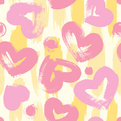 Seamless pattern with hearts, clouds and polka dots in pink and yellow colors. The pattern is drawn with a dry brush.