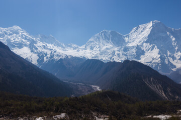 View of snow-capped mountain peaks in the Himalayas Manaslu region