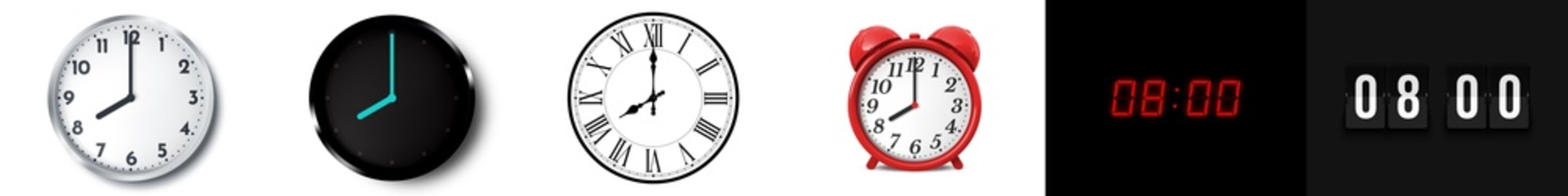 08:00 (AM and PM) or 20:00 time clock icons