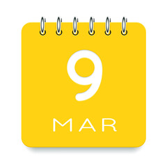09 day of the month. 9 March. Cute yellow calendar daily icon. Date day week Sunday, Monday, Tuesday, Wednesday, Thursday, Friday, Saturday. Cut paper. White background. Vector illustration.
