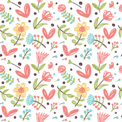 Seamless pattern with cute birds and hearts.
