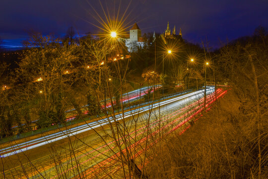 City at night, long exposure traffic, castle