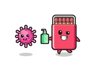 illustration of matches box character chasing evil virus with hand sanitizer