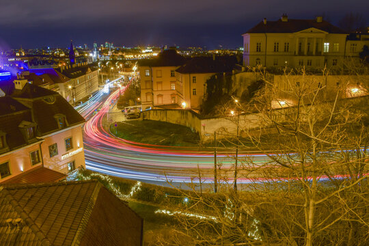 City at night, light lines, traffic on long exposure