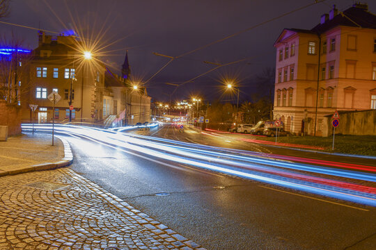 Night city landscape, long exposure traffic