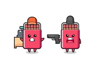 illustration of the cute matches box as a cashier is pointed a gun by a robber