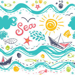 Fototapeta na wymiar I love the sea. Seamless pattern in the concept of children's drawings. Seamless pattern with ships, fish, sun, clouds, sea and waves.