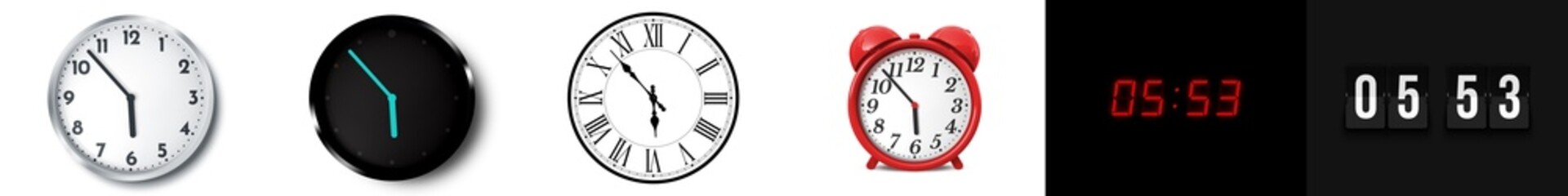 05:53 (AM and PM) or 17:53 time clock icons