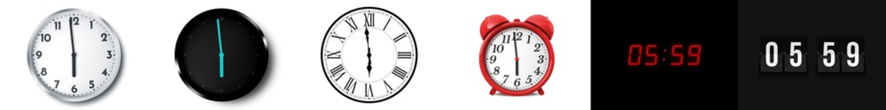 05:59 (AM and PM) or 17:59 time clock icons