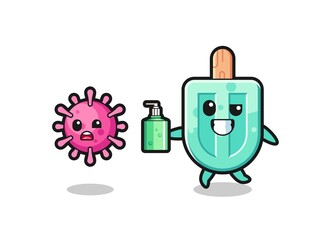 illustration of popsicles character chasing evil virus with hand sanitizer