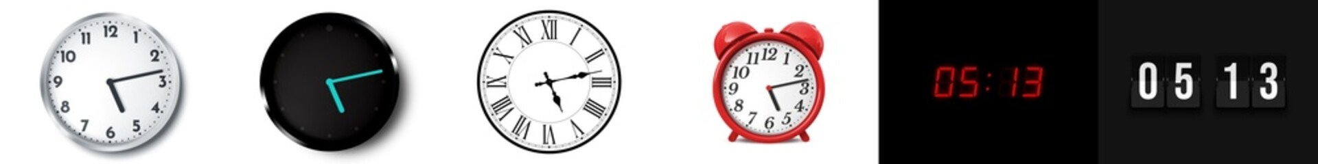 05:13 (AM and PM) or 17:13 time clock icons