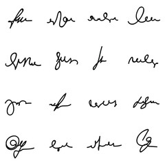Vector set of signatures. Hand writing ink icons for design, business, calligraphy, lettering, layout, documents, symbols, doodles and other graphics