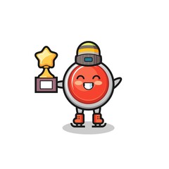 emergency panic button cartoon as an ice skating player hold winner trophy