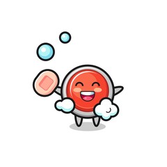 emergency panic button character is bathing while holding soap